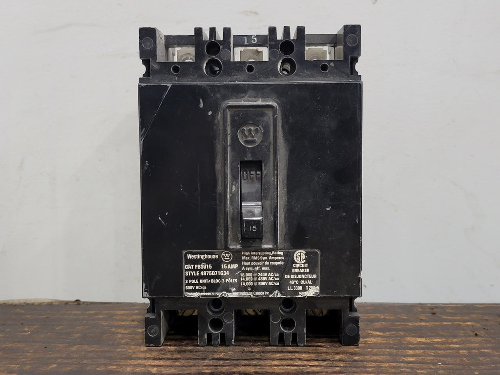 WESTINGHOUSE 15 Amp, 3 Pole, 600 volts Circuit Breaker FB3015