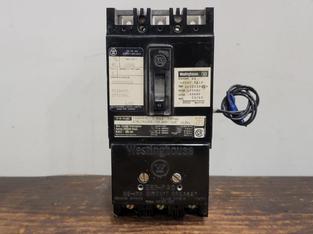 WESTINGHOUSE 40 Amp, 3 Pole, 600 Volts Circuit Breaker FB3040PL w/ Shunt Trip 