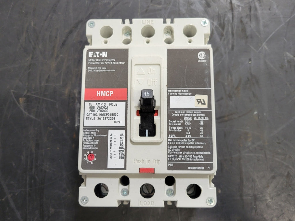 EATON 15 Amp, 3 Pole, 600 volts  Circuit Breaker HMCP015EOC