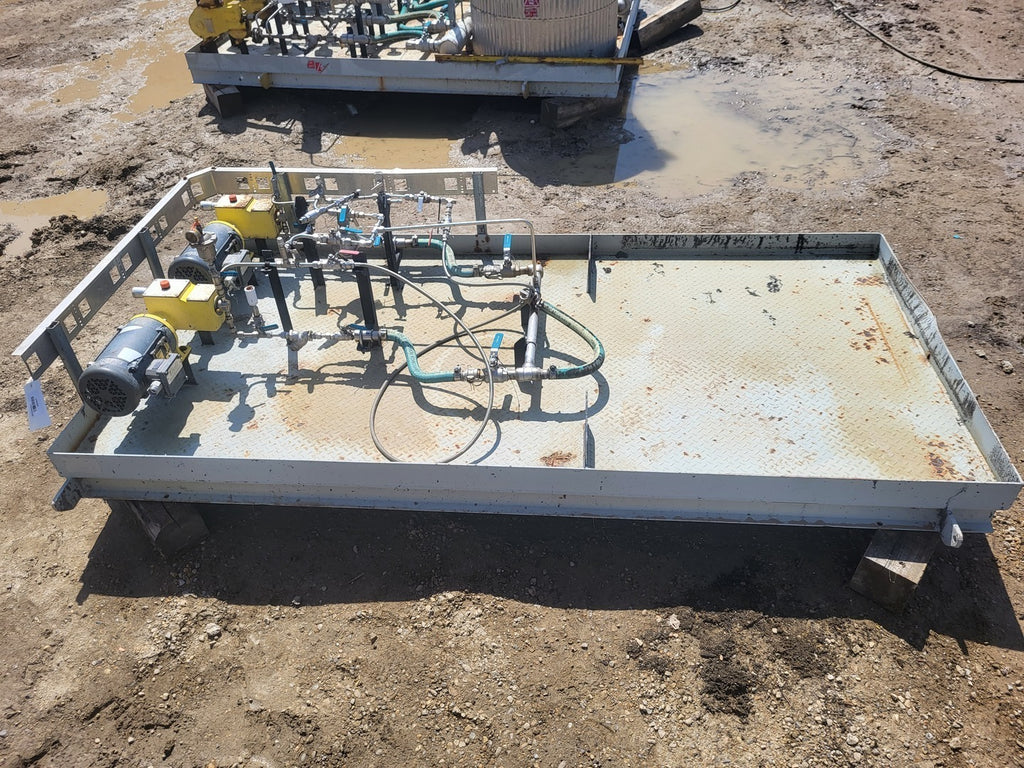 Skid-Mounted Duplex Chemical Transfer Pump Package with (2) Baldor 3/4 HP Explosion-Proof Motors & Stainless Steel Process Piping