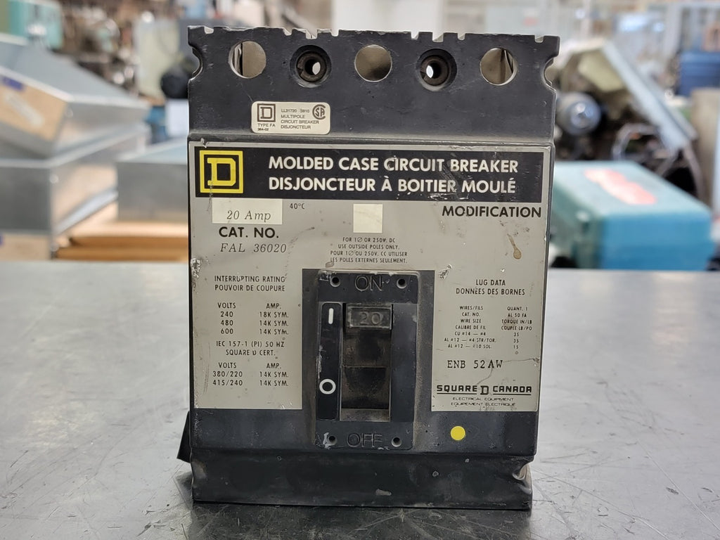 SQUARE D 20 Amp, 3 Pole, 600 volts Circuit Breaker FAL36020