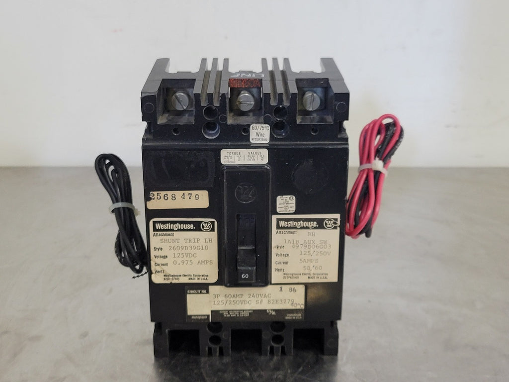 WESTINGHOUSE 60 Amp, 3 Pole, 240 Volts Circuit Breaker w/ Shunt Trip Aux. Switch