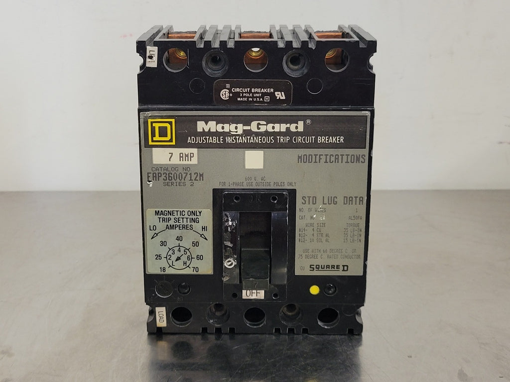 SQUARE D 7 Amp, 3 Pole, 600 Volts Circuit Breaker FAP3600712M w/ Trip Unit