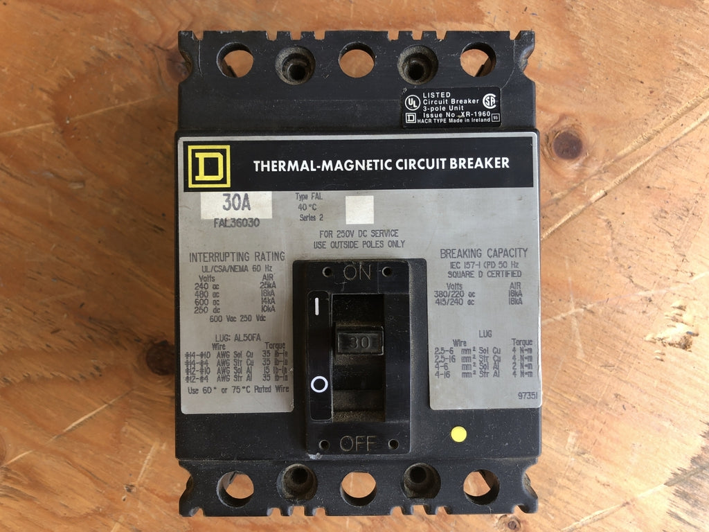 SQUARE D 30 Amp, 3 Pole, 600 Volts Circuit Breaker FAL36030