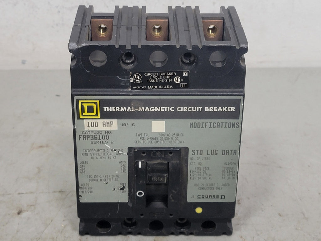 SQUARE D 100 Amp, 3 Pole, 600 Volts Circuit Breaker FAP36100