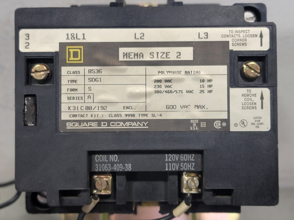 SQUARE D 25 hp, NEMA Size 2, 110/120 VAC Coil Reversing Starter 8536SDG1V02S