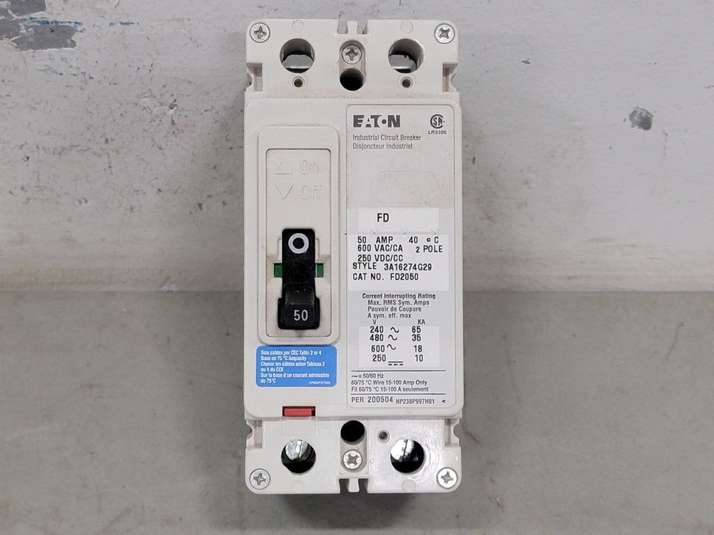 EATON 50 Amp, 2 Pole, 600 volts Circuit Breaker FD2050