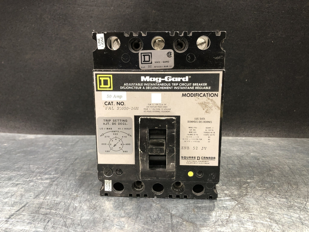 SQUARE D 50 Amp, 3 Pole, 600 Volts Circuit Breaker FAL36050-16M