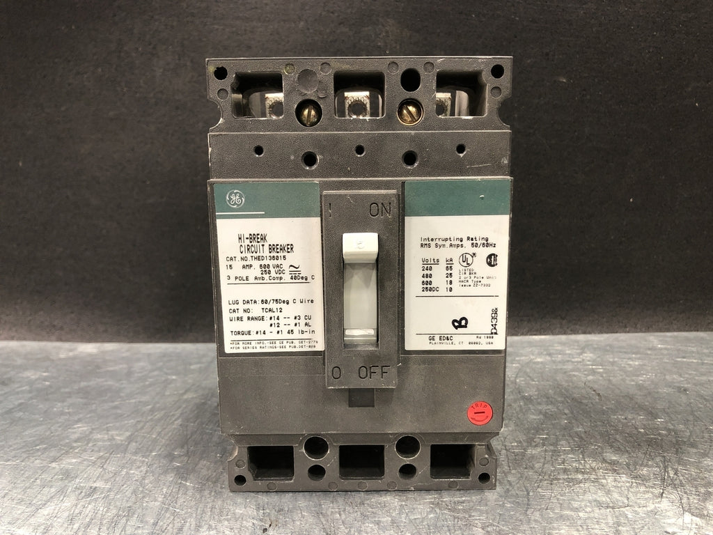 GENERAL ELECTRIC 15 Amp, 3 Pole, 600 volts Circuit Breaker THED136015