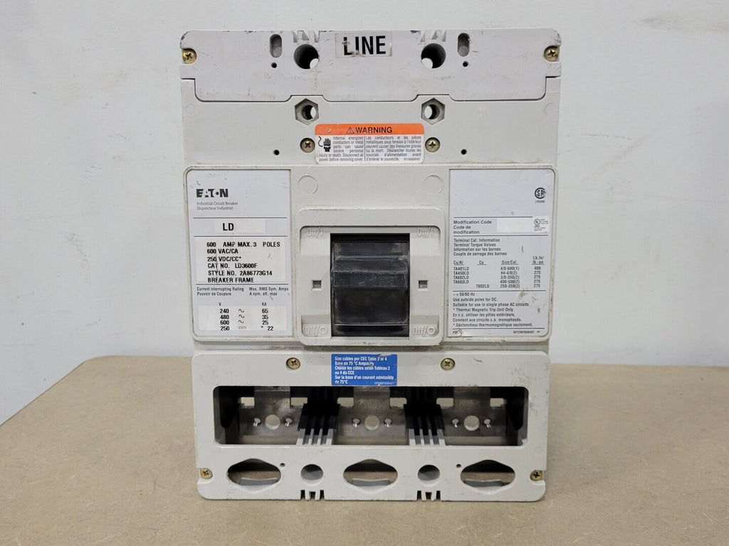 EATON 600 Amp, 3 Pole, 600 Volts Circuit Breaker LD3600F w/ Trip Unit