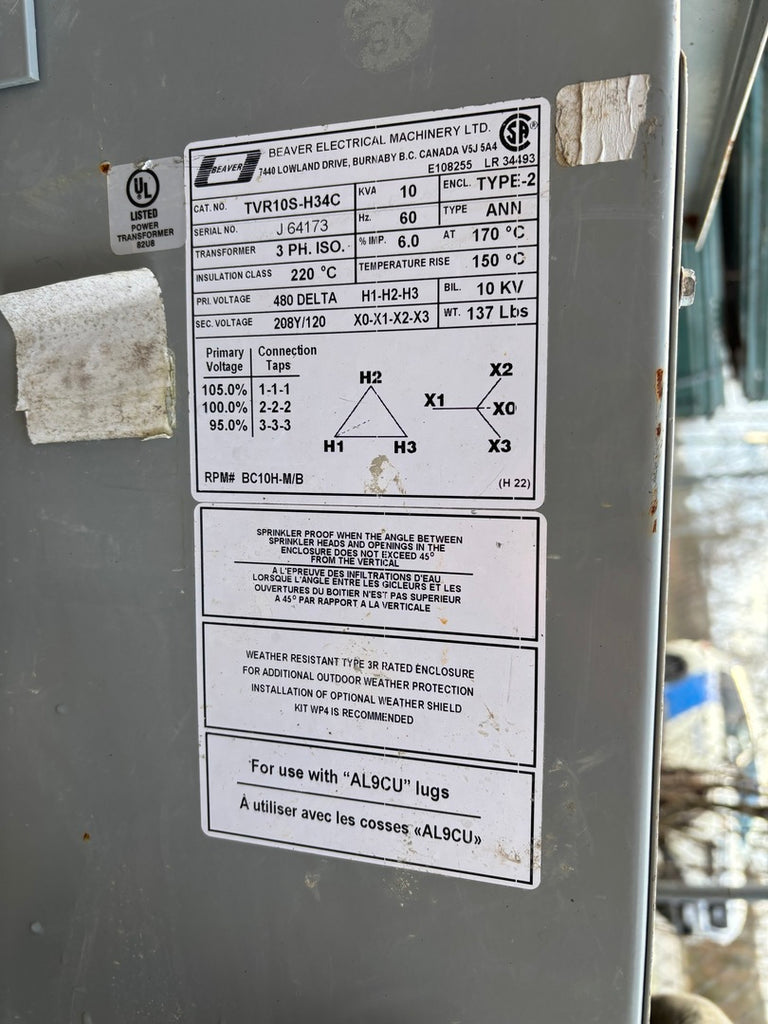 BEAVER 10 kVA Transformer, 480 pri. volts, 208Y/ 120 sec. volts TVR10S-H34C