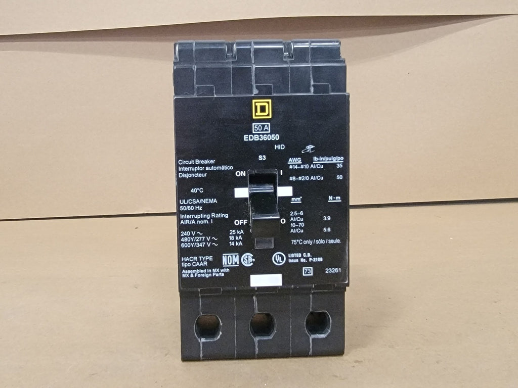 SQUARE D 50 Amp, 3 Pole, 600Y/347 volts Circuit Breaker EDB36050