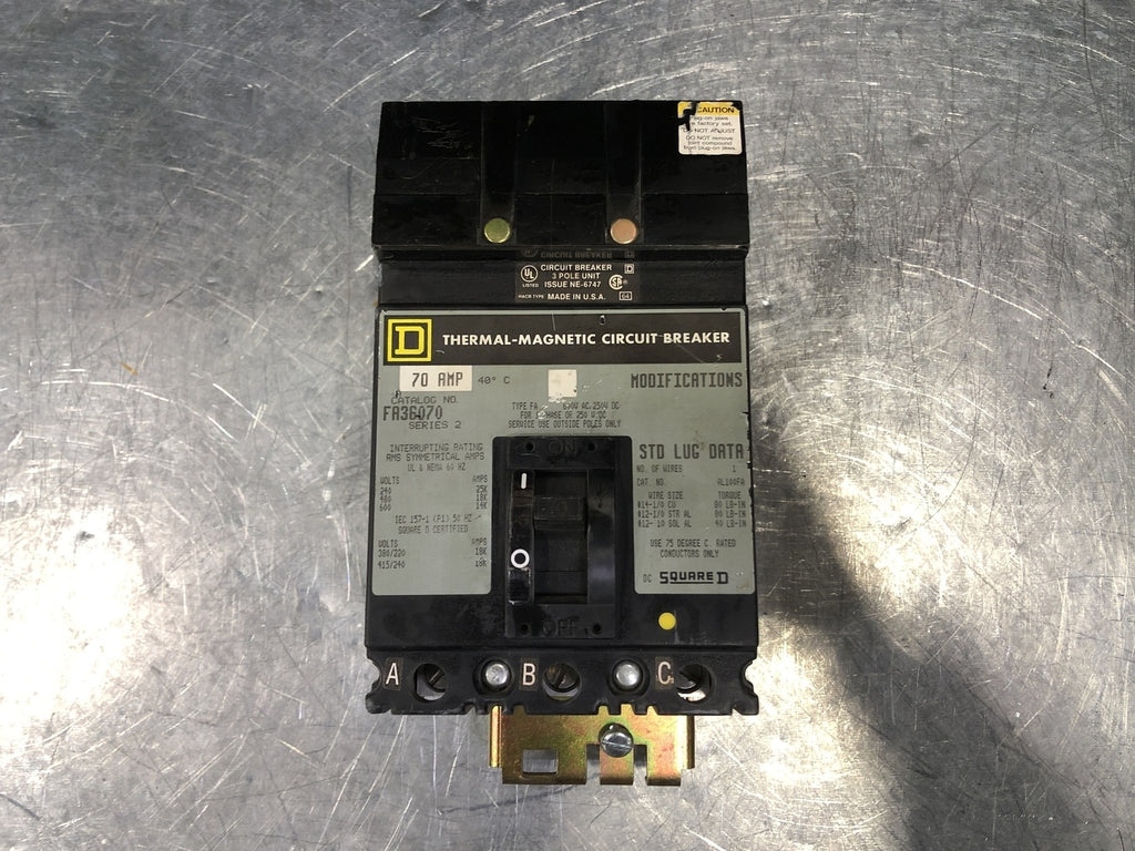 SQUARE D 70 Amp, 3 Pole, 600 Volts Circuit Breaker FA36070