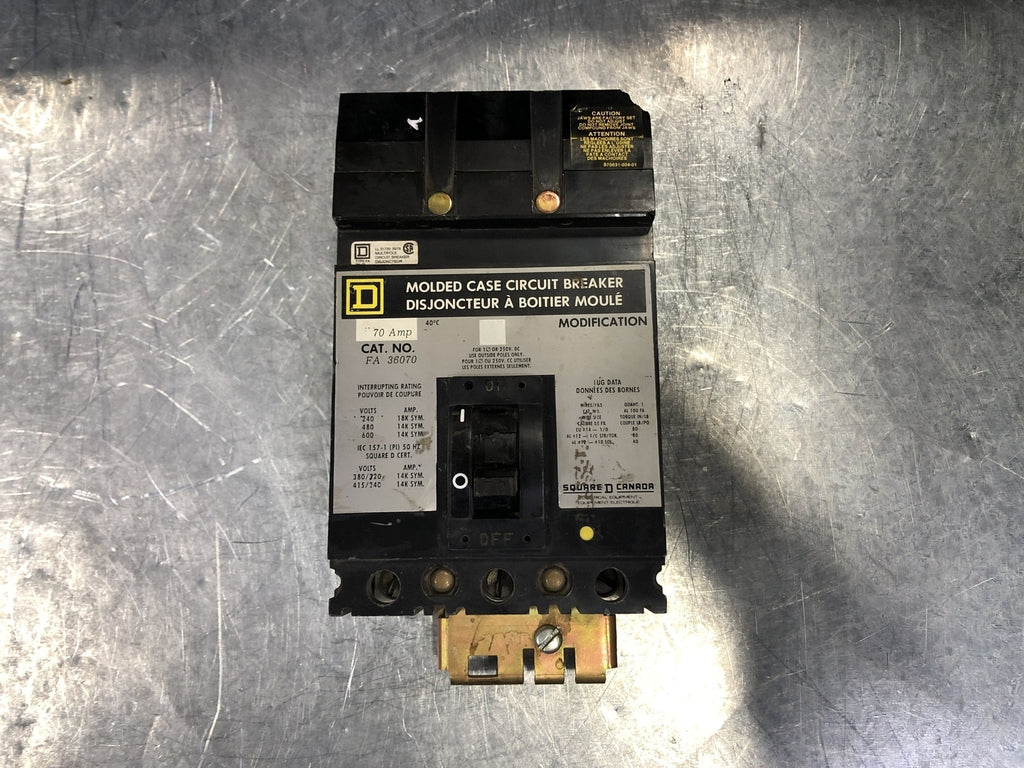 SQUARE D 70 Amp, 3 Pole, 600 Volts Circuit Breaker FA36070