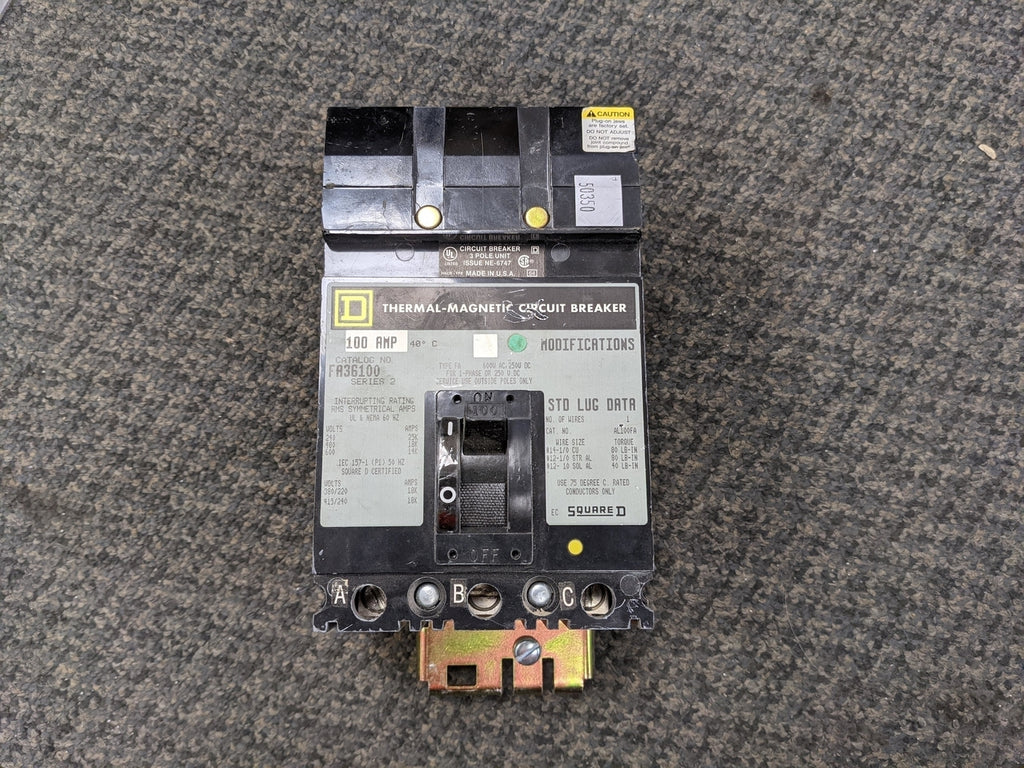 SQUARE D 100 Amp, 3 Pole, 600 volts Circuit Breaker FA36100