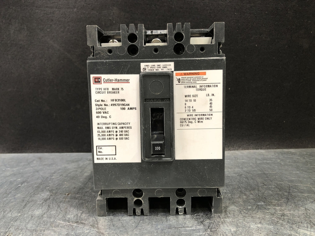 CUTLER-HAMMER 100 Amp, 3 Pole, 600 Volts Circuit Breaker HFB3100L