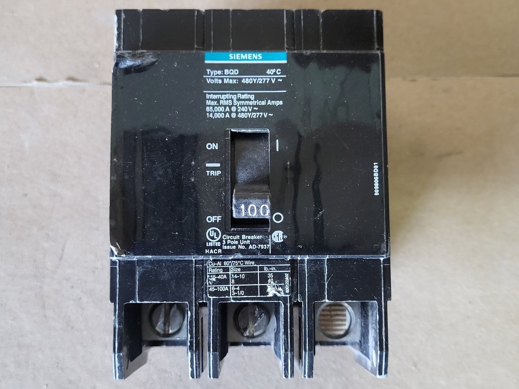 SIEMENS 100 Amp, 3 Pole, 480/277 Volts Circuit Breaker BQD3100
