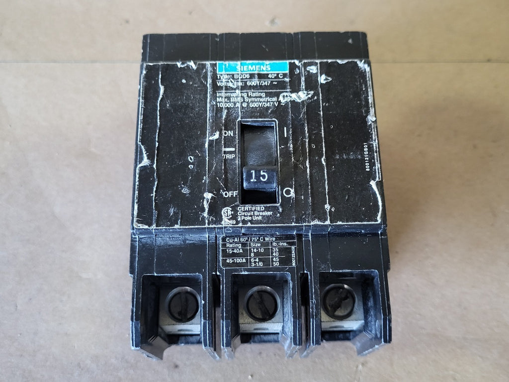 SIEMENS 15 Amp, 3 Pole, 600/347 Volts Circuit Breaker BQD6315