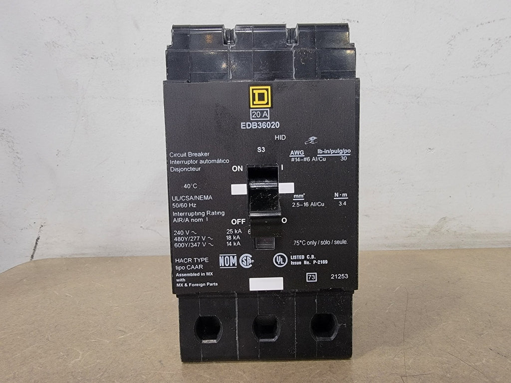 SCHNEIDER Square D 20 Amp, 3 Pole, 600Y/347 Volt Circuit Breaker EDB36020