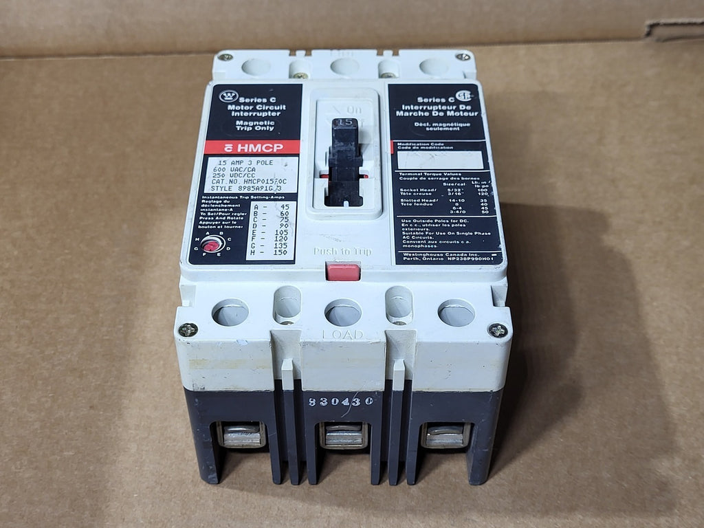 WESTINGHOUSE 15 Amp, 3 Pole, 600 Volts Magnetic Trip Circuit Breaker HMCP015E0C