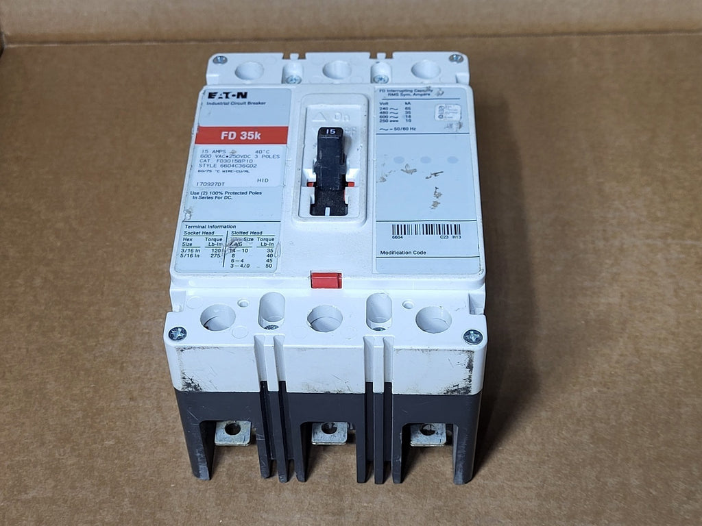 EATON 15 Amp, 3 Pole, 600 Volts Industrial Circuit Breaker FD3015BP10