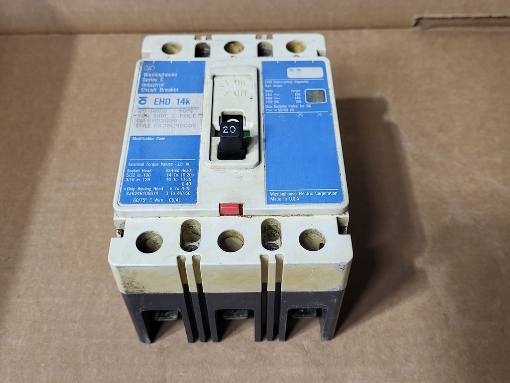 WESTINGHOUSE 20 Amp, 3 Pole, 480 Volts Circuit Breaker EHD3020