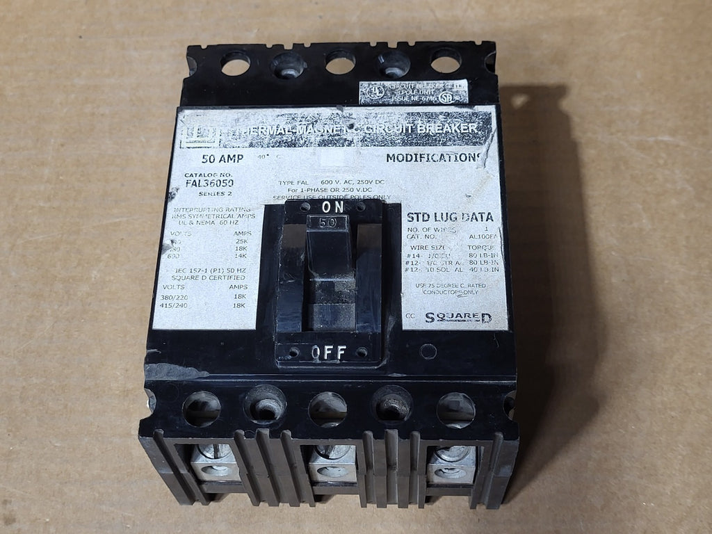 SQUARE D 50 Amp, 3 Pole, 600 Volts Circuit Breaker FAL36050