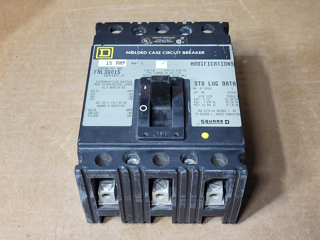 SQUARE D 15 Amp, 3 Pole, 600 Volts Circuit Breaker FAL36015