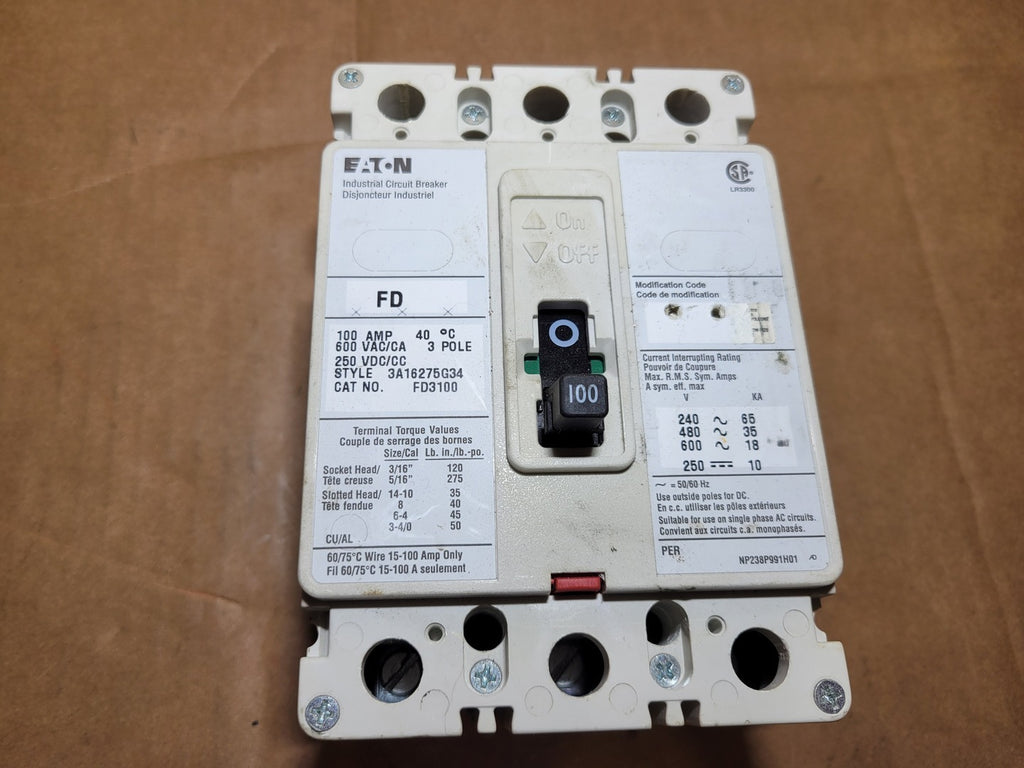 EATON 100 Amp, 3 Pole, 600 Volt Circuit Breaker FD3100