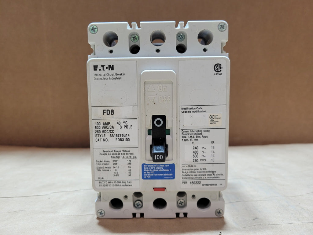 EATON 100 Amp, 3 Pole, 600 Volts Circuit Breaker FDB3100