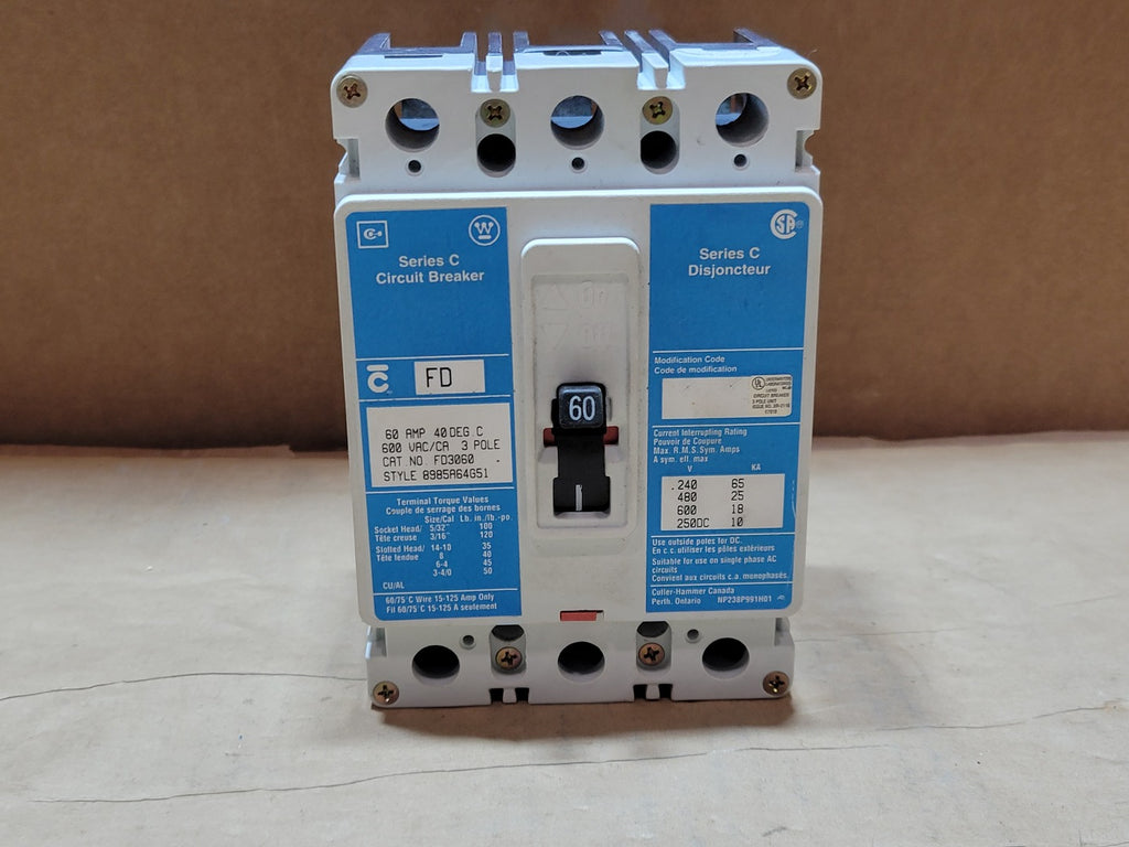 CUTLER-HAMMER 60 Amp, 3 Pole, 600 Volts Circuit Breaker FD3060