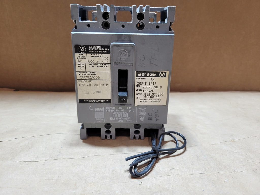WESTINGHOUSE 40 Amp, 2 Pole, 600 Volts Circuit Breaker HFB2040 w/ Shunt Trip