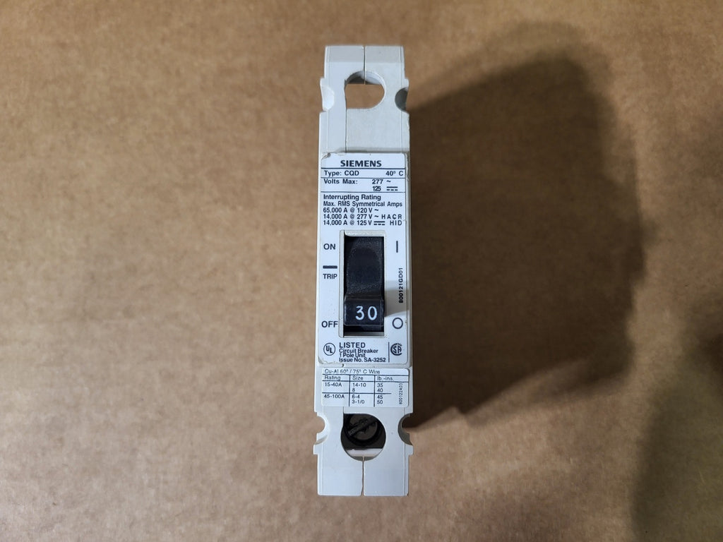 SIEMENS 30 Amp, 1 Pole, 277 Volts Circuit Breaker CQD130