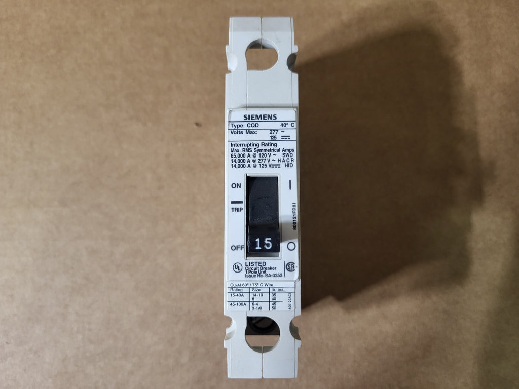 SIEMENS 15 Amp, 1 Pole, 277 Volts Circuit Breaker CQD115