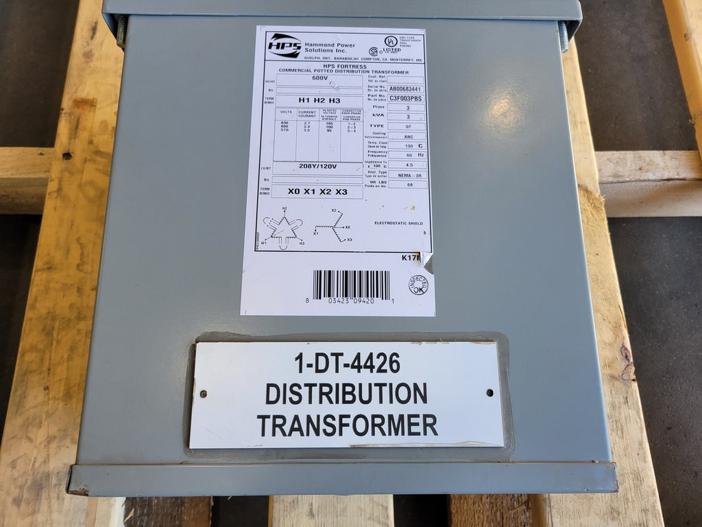 HAMMOND 3kVA Transformer Pri 600 volts, Sec 208Y/120 volts, C3F003PBS