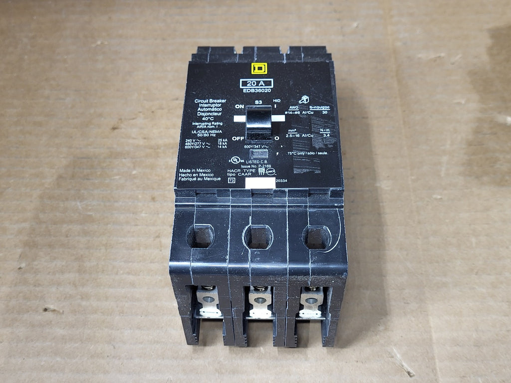 SQUARE D 20 Amp, 3 Pole, 600 Volt Circuit Breaker EDB36020
