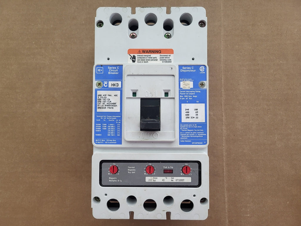 EATON 400 Amp, 3 Pole, 600 Volt Circuit Breaker HKD3400F w/ Trip Unit KT3200T
