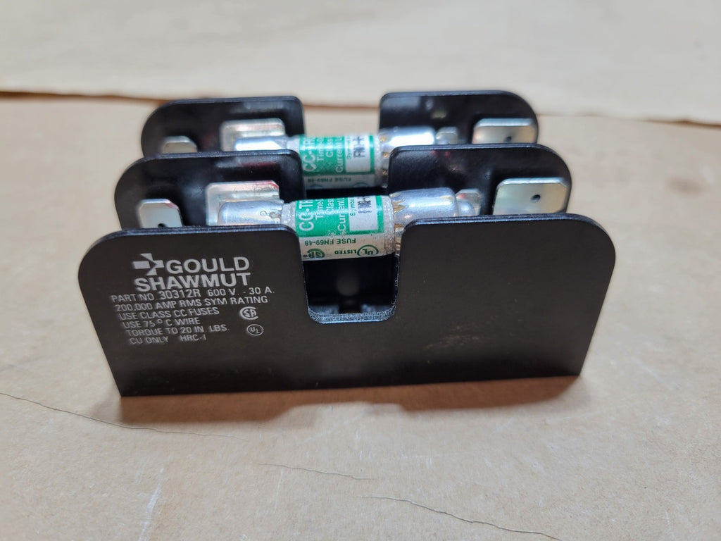 GOULD SHAWMUT 600V, Class CC, 30A, 2-Pole Fuse Block 30312R w/ Fuses
