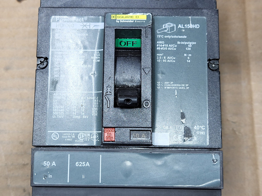 SQUARE D 50 Amp 3 Pole 600 Volts Circuit Breaker HDL36050