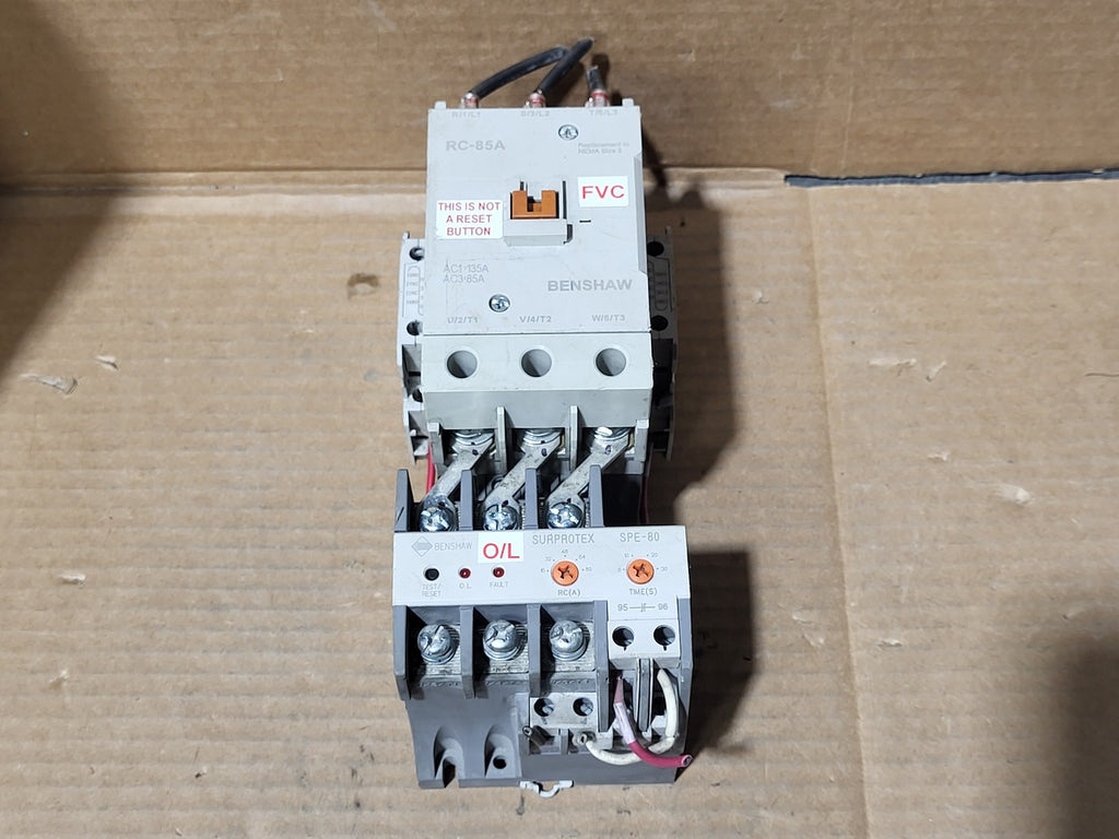 BENSHAW 85 Amp, 3 Pole Magnetic Contactor RC-85A w/ Overload Relay SPE-80