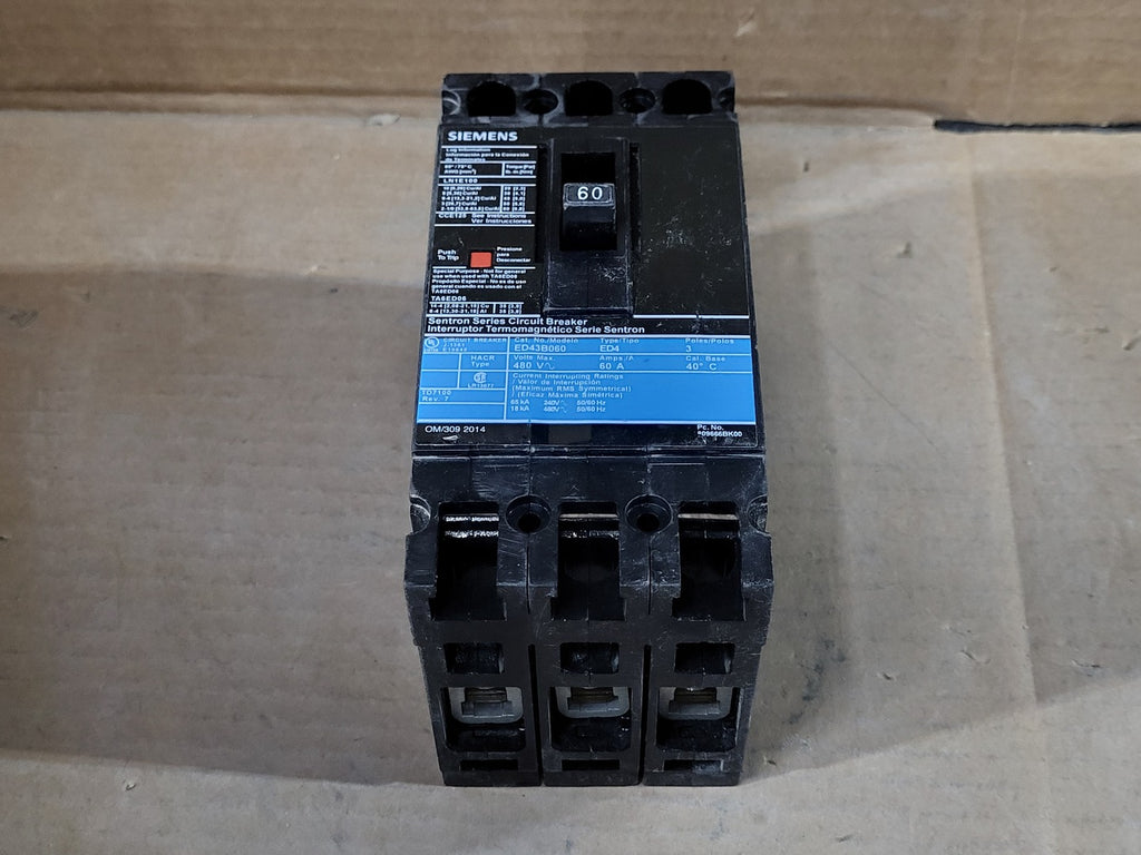 SIEMENS 60 Amp, 3 Pole, 480 Volts Circuit Breaker ED43B060