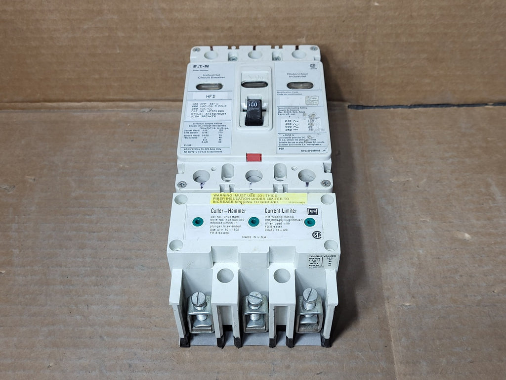 EATON 100 Amp, 3 Pole, 600 Volts Circuit Breaker HFD3100S w/ Current Limiter LFD3150R