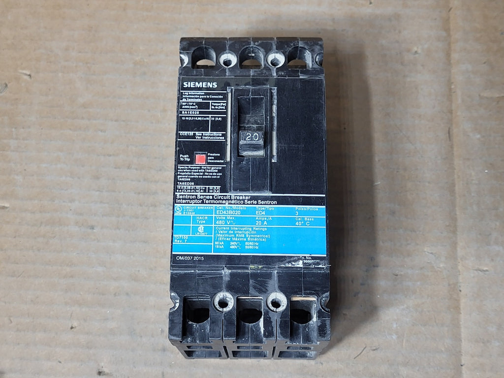SIEMENS 20 Amp, 3 Pole, 480 Volt Circuit Breaker ED43B020