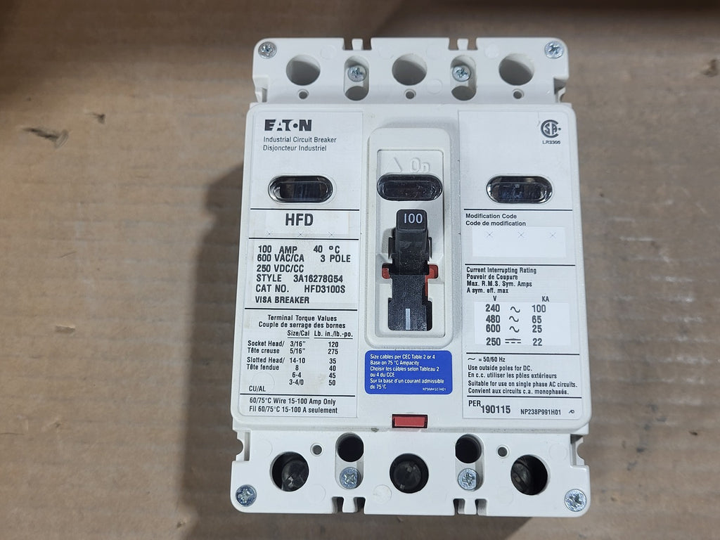 EATON 100 Amp, 3 Pole, 600 Volt Circuit Breaker HFD3100S