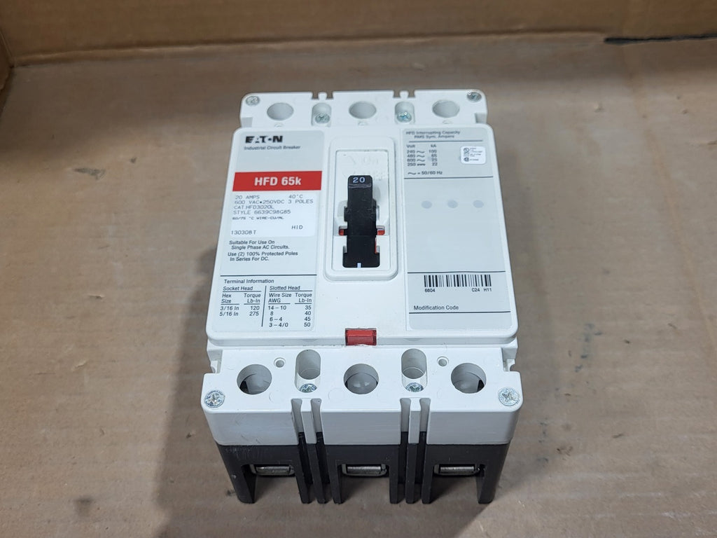 EATON 20 Amp, 3 Pole, 600 Volt Circuit Breaker HFD3020L
