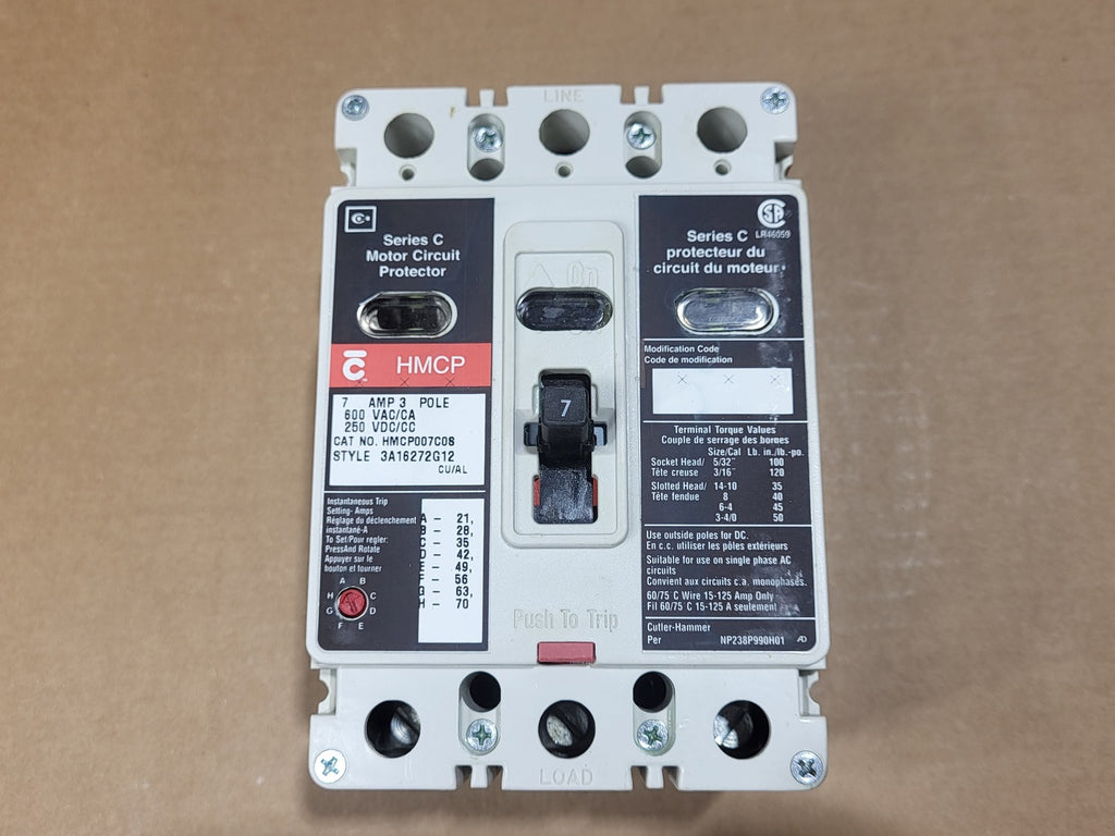 EATON 7 Amp, 3 Pole, 600 Volt Motor Circuit Breaker HMCP007C08