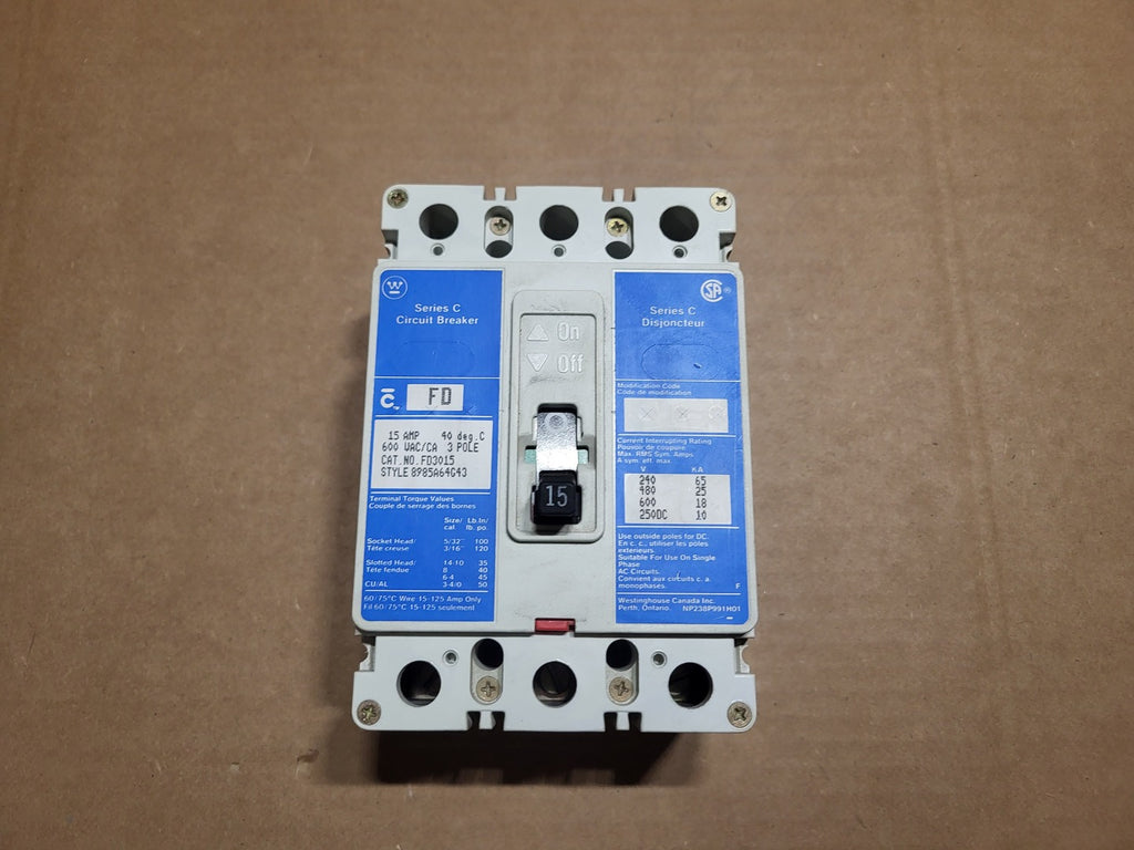 WESTINGHOUSE 15 Amp, 3 Pole, 600 Volt Circuit Breaker FD3015