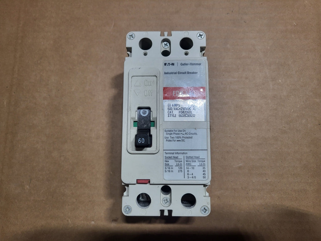 EATON CUTLER-HAMMER 60 Amp, 2 Pole, 600 Volt Circuit Breaker FDB2060L