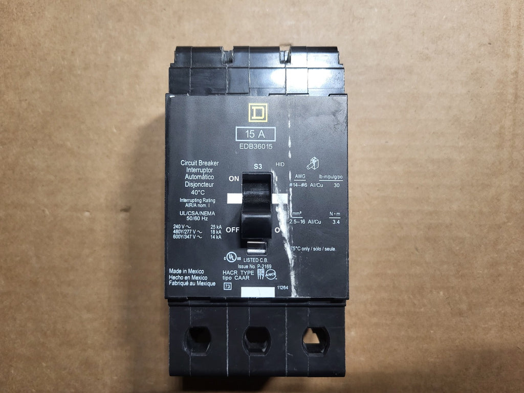 SQUARE D 15 Amp, 3 Pole, 600 Volt Circuit Breaker EDB36015