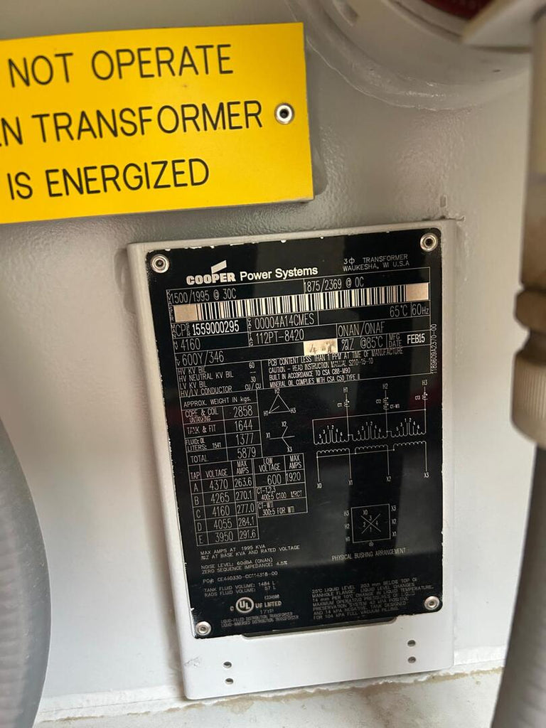 COOPER 1500/1995 KVA Transformer 4160 pri. volts, 600Y/346 sec. volts 0004A14CMES